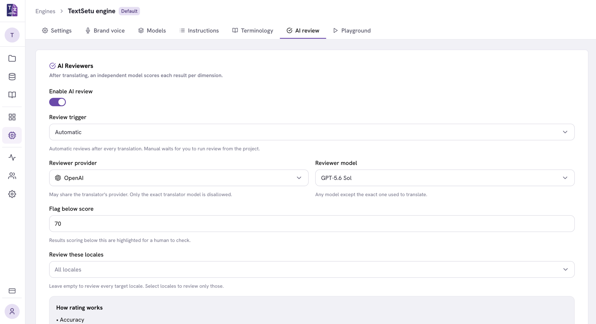 The AI review settings in TextSetu: an independent reviewer model scores each translation, with the provider set to OpenAI, the model set to GPT-5.6 Sol, and results below a score of 70 flagged for a human to check.