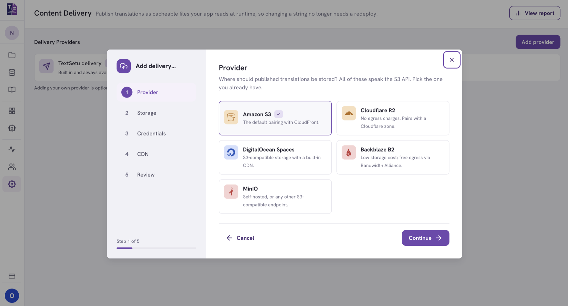 The TextSetu content delivery screen: translations published as cacheable files an app reads at run time, with a built-in delivery provider and a wizard offering Amazon S3, Cloudflare R2, DigitalOcean Spaces, Backblaze B2 and MinIO.