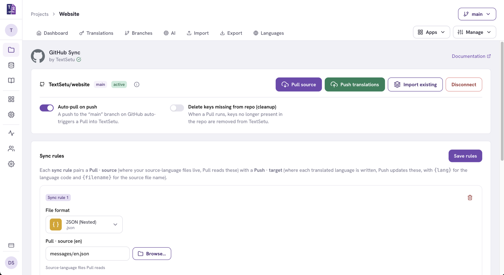 TextSetu's GitHub Sync connected to the TextSetu/website repository on its main branch, with buttons to pull source strings and push translations, auto-pull on push enabled, and a sync rule mapping nested JSON at messages/en.json.
